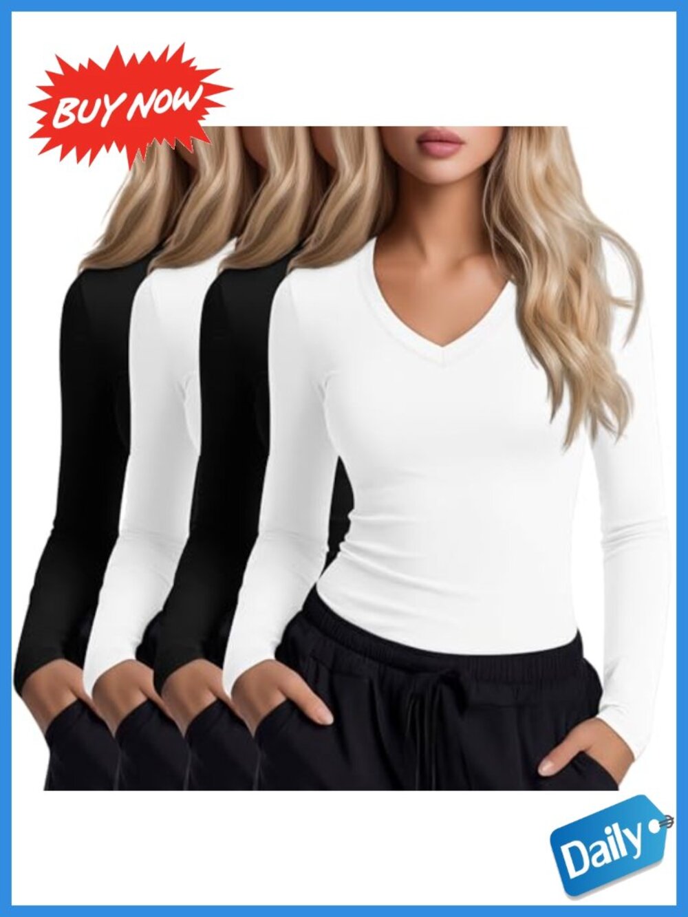 Women's Long Sleeve Underscrubs V-Neck Slim Fit Cotton Blend 4 Pack